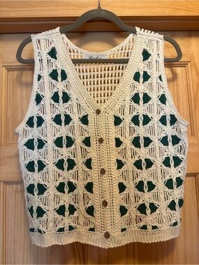 Crochet Button-Up Vest in Cream with Green Lining